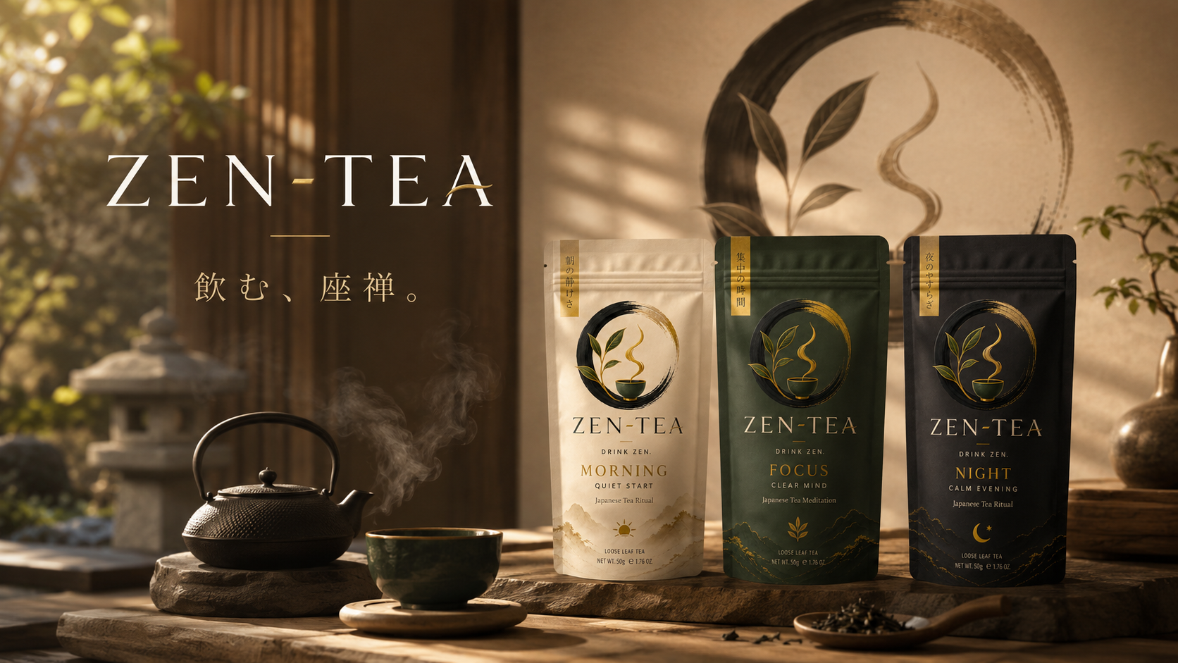 ZEN-TEA 3種セットと茶器を配置した高級感のあるブランドビジュアル